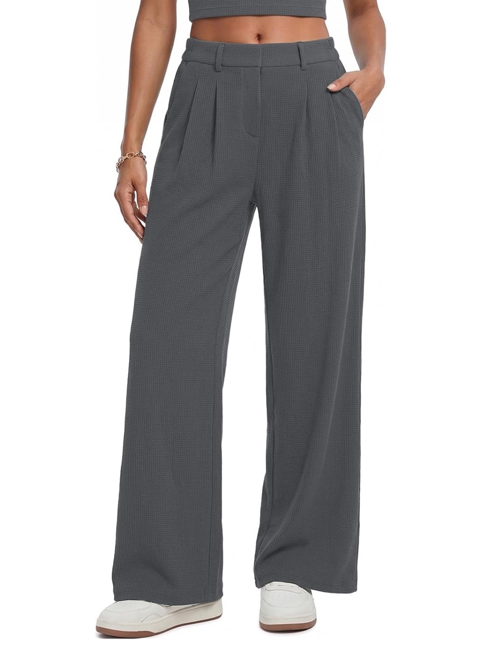 Feiersi Dark Gray High Waisted Wide Leg Waffle Knit Dress Pants XL